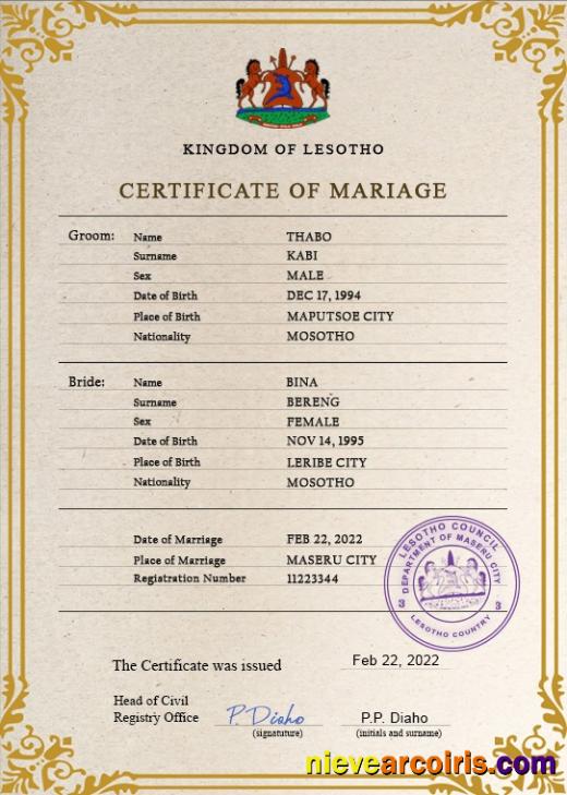 Lesotho marriage certificate